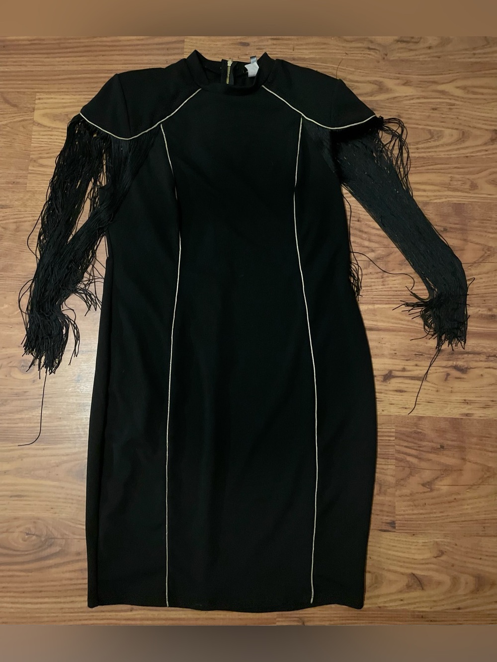 Black Fitted Fringe-Cape Sleeve Midi Dress